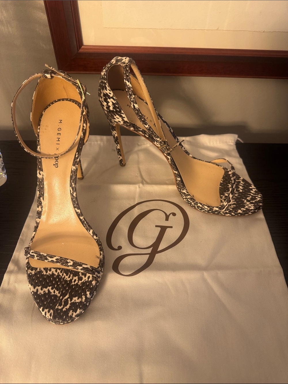 M. Gemi x GOOP Limited Black and White Printed Ankle-Strap Stiletto Sandals